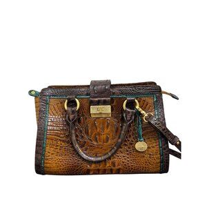 Brahmin Tricolor Cognac Brown & Green Croc Embossed Leather Shoulder Bag Satchel